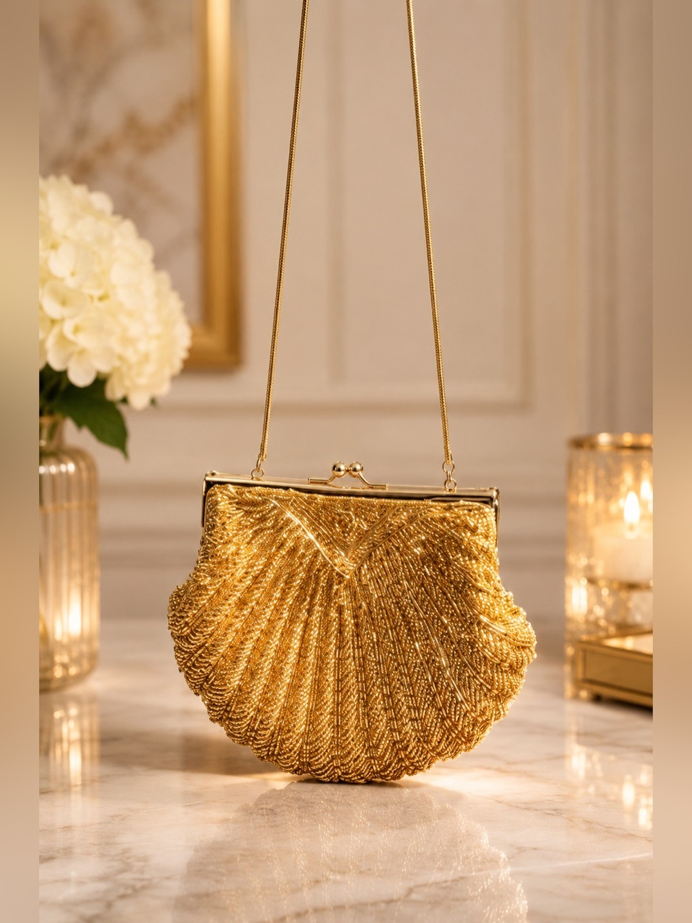 Gold Beaded Fan-Shaped Evening Bag with Kiss-Lock Closure